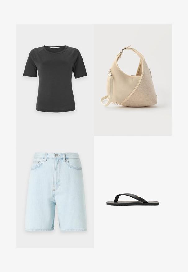 T-shirt noir chiné à manches courtes avec un col rond, fabriqué en tissu lisse, doté de manches raglan et d'un design minimaliste.; Shorts en denim bleu clair à taille haute, avec un design à cinq poches et une fermeture par bouton en laiton. Présente des coutures discrètes et des bords effilochés.; Tongs noires avec une semelle plate, une semelle intérieure texturée noire, des sangles lisses et un petit accent doré près du séparateur de orteils.; Sac à main beige en forme de croissant avec textures de tissus mélangées, poignée courte et bandoulière amovible, sur fond clair.