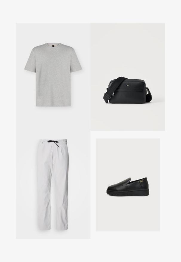 T-shirt gris clair à manches courtes et col rond avec un logo "BOSS" discret en relief centré sur la poitrine.; Pantalon fuselé en mélange de coton gris clair avec une taille à cordon de serrage. Dispose de plis à l'avant et de poches latérales pour plus de praticité.; Chaussure plateforme noire en cuir à enfiler, avec une semelle épaisse et un petit logo doré "HUGO" près du talon sur un fond clair uni.; Sac bandoulière en cuir noir texturé avec poche avant zippée et bandoulière large en tissu réglable sur fond blanc.