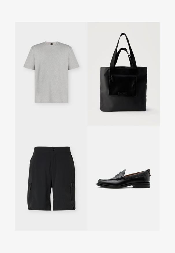 T-shirt gris clair à manches courtes et col rond avec un logo "BOSS" discret en relief centré sur la poitrine.; Shorts noirs mi-cuisses avec poches zippées latérales et fermeture par bouton à la taille, présentés sur un fond blanc uni.; Mocassin homme en cuir noir avec couture moc toe, bride penny, col texturé et petit talon empilé sur fond blanc.; Sac cabas noir avec poche zippée à l'avant et double poignée, posé sur un fond clair uni.