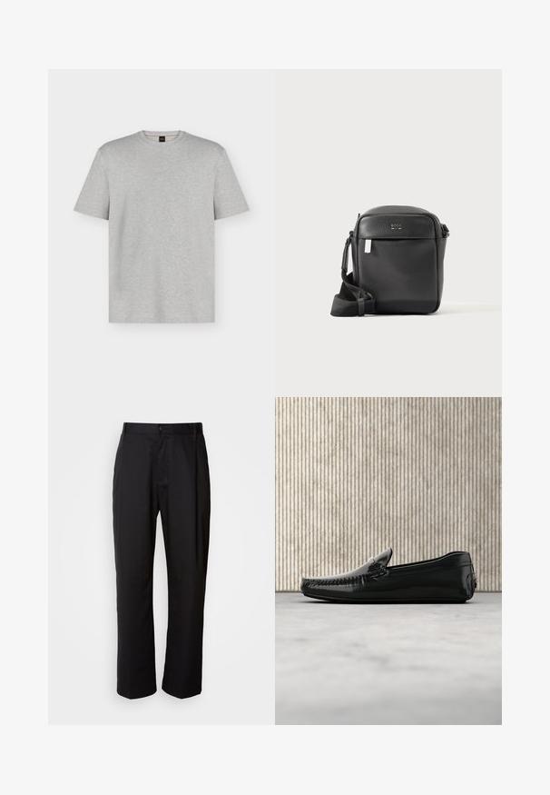 T-shirt gris clair à manches courtes et col rond avec un logo "BOSS" discret en relief centré sur la poitrine.; Pantalon noir à coupe droite, en tissu léger. Il dispose d'une fermeture à bouton sur le devant et de deux poches latérales ; texture lisse.; Mocassins en cuir noir avec une finition brillante, bout rond et quincaillerie décorative à l'avant. Semelle en caoutchouc à profil bas. Texture lisse.; Sac bandoulière en cuir noir texturé avec poche avant et sangle réglable, présenté sur un fond clair uni.