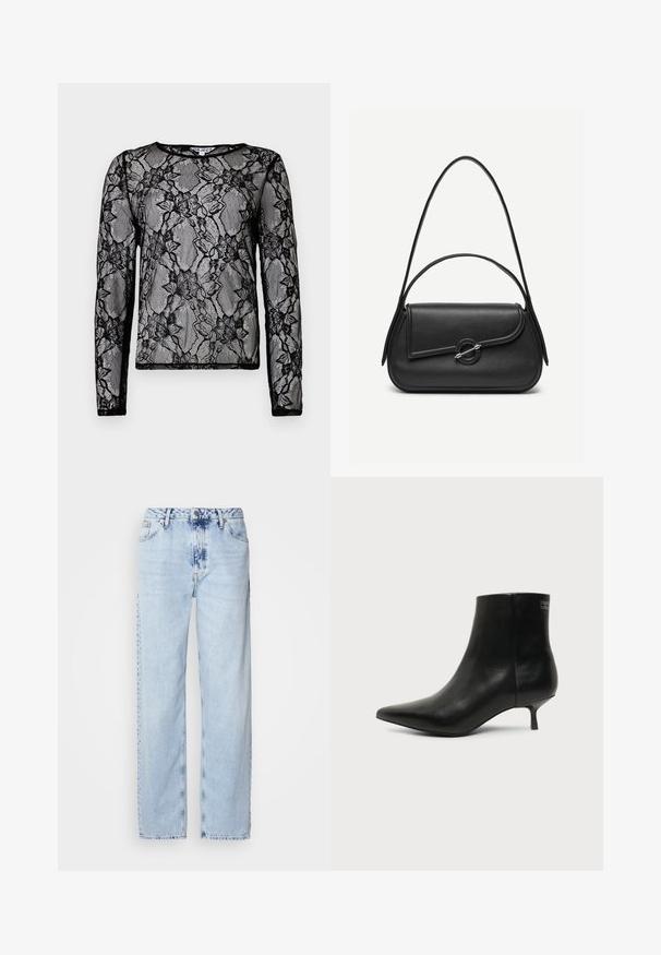 Camiseta negra de manga larga hecha de encaje transparente con patrones florales, un escote redondeado y ribetes en negro contrastante alrededor de los bordes.; Jeans de pierna ancha en azul claro, confeccionados en denim, con una cintura alta, un lavado desgastado y un sutil patrón de tie-dye en la parte delantera.; Botín de piel negra con puntera puntiaguda y tacón bajo estilo kitten sobre fondo claro, mostrando vista lateral exterior.; Bolso de cuero negro con bordes redondeados, solapa asimétrica, cierre circular de metal y correas de hombro cortas y largas.