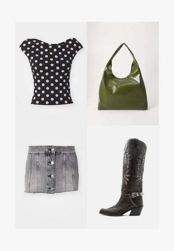 Schwarzes Oberteil mit weißen Punkten, das über einen weiten, schulterfreien Ausschnitt und eine taillierte Form verfügt. Hergestellt aus weichem, dehnbarem Stoff.; Grauer Denim-Rock mit hoher Taille, fünf silbernen Knöpfen, vertikalen Nähten und rohem Saum. Hat eine schmale Silhouette und eine weiche Textur.; Schwarzer Leder-Cowboystiefel mit dekorativen Ausschnitten, silberner Schnalle und schräger Ferse, auf weißem Hintergrund dargestellt.; Grüne Leder-Hobo-Tasche mit einem lässigen Design, gebogenem Griff und glatter Textur. Enthält keine sichtbaren Beschläge oder Akzente.