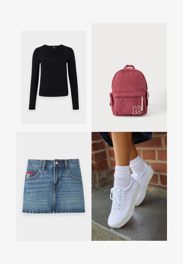 Must värviline pikade varrukatega topp ruudukujulise kaelusega, valmistatud pehmest ja venivast materjalist. Omab kitse disaini ja lihtsat, minimalistlikku stiili.; Keskmise sinise värvi denim mini seelik, millel on pleekinud tekstuur, viis taskut ja punased õmblused. Omab nööbiga sulgemist ja vöölõikeid.; Valged kanvas tennisikud kummitaldadega, kuue silmaga, ümmarguse varbaga ja kergete tikandite detailidega, koos valgete pahkluusokkidega.; Punane kangast seljakott esikaaretasku, küljetaskute, pealmise käepideme ja alumise esinurga number 18 plaastriga.