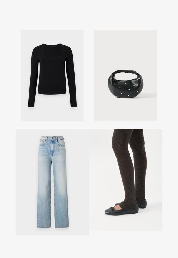 Haut noir à manches longues avec un décolleté carré, fabriqué à partir d'un matériau doux et extensible. Présente un design ajusté et un style simple et minimaliste.; Jean en denim bleu clair à jambes larges, avec une taille haute, un léger délavage et un design classique à cinq poches avec des coutures contrastées.; Jambes portant des leggings côtelés foncés associés à des ballerines noires avec de petits détails en nœud sur fond blanc.; Sac à main en cuir noir de forme arrondie, décoré de clous argentés et équipé d'une poignée courte. Texture lisse et fermeture éclair.