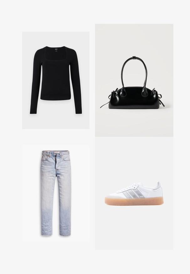 Haut noir à manches longues avec un décolleté carré, fabriqué à partir d'un matériau doux et extensible. Présente un design ajusté et un style simple et minimaliste.; Jean en denim bleu clair avec une coupe droite, dotés d'une fermeture à boutons, de cinq poches et d'un léger délavage sur les jambes.; Baskets basses blanches avec semelle gomme, accents argentés rayés sur le côté, et fermeture à lacets, présentées sur un fond clair uni.; Petit sac à main noir brillant avec deux longues anses et des détails à cordon sur les côtés sur un fond clair uni.
