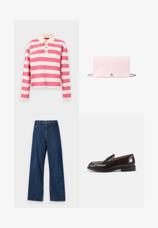 Polo de manga larga a rayas en rosa y crema. Presenta un cuello con solapa y tres botones decorativos en la parte delantera. Material de algodón.; Vaqueros de denim de pernera ancha en azul oscuro con un diseño clásico de cinco bolsillos. Presenta costuras en contraste y un cierre de botón en la parte delantera.; Mocasín tipo penny para hombre en cuero marrón oscuro pulido con tacón bajo y detalles cosidos sobre fondo blanco.; Clutch rectangular de cuero color rosa claro con cadena plateada y pequeño logotipo CK plateado en el centro frontal.