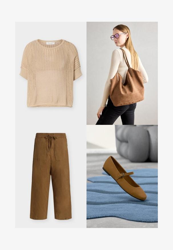 Pull beige à manches courtes en tricot avec motif ajouré et col rond, étiquette Marc O'Polo à l'intérieur du col.; Pantalon large marron avec taille élastique, cordon à l'avant, grandes poches avant et détails de boutons à l'ourlet.; Chaussure plate Mary Jane marron avec bride à boucle flottant au-dessus d'un tapis bleu texturé, mobilier tapissé gris en arrière-plan.; Sac fourre-tout en daim marron avec une texture douce, grande ouverture et longues sangles. Présente un design simple avec des coutures visibles et sans matériel.