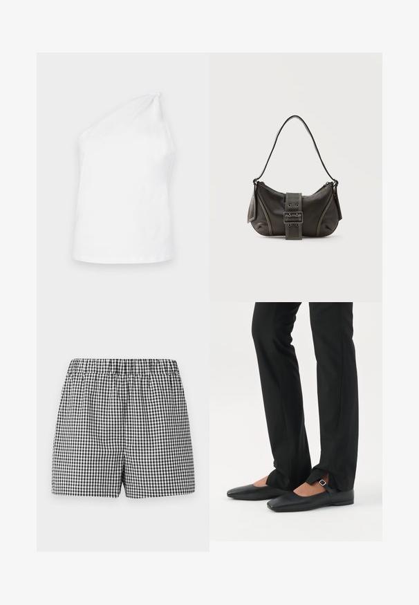 Débardeur en coton blanc avec un design à une seule épaule, présentant un accent noué. Texture lisse et style minimaliste.; Shorts noir et blanc à carreaux avec une taille élastique et une coupe décontractée. Fabriqués en tissu léger. Pas de détails supplémentaires ni de poches.; Jambes vêtues d’un pantalon slim noir avec des fentes à l’avant de l’ourlet, assorties à des chaussures plates Mary Jane noires avec une petite bride à boucle.; Sac à épaule en cuir noir avec une sangle à boucle, des bords arrondis et des coutures blanches contrastées sur un fond uni.