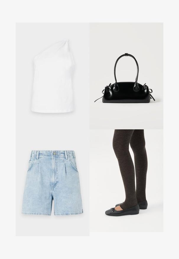 Débardeur en coton blanc avec un design à une seule épaule, présentant un accent noué. Texture lisse et style minimaliste.; Shorts en denim bleu clair taille haute, avec des plis sur le devant, deux poches latérales et une fermeture à bouton. Tissu doux et texturé.; Jambes portant des leggings côtelés foncés associés à des ballerines noires avec de petits détails en nœud sur fond blanc.; Petit sac à main noir brillant avec deux longues anses et des détails à cordon sur les côtés sur un fond clair uni.