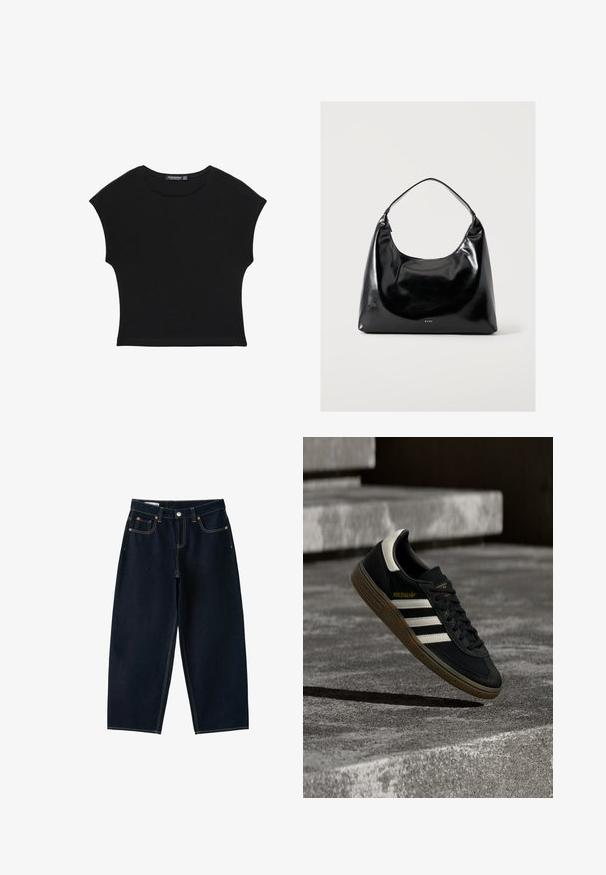 Haut court noir à manches courtes avec encolure ronde et taille légèrement cintrée, fabriqué en tissu doux et léger.; Jean bleu foncé à jambes larges avec cinq poches, fermeture par bouton et coutures contrastées sur fond blanc.; Baskets Adidas noires avec des bandes blanches et une semelle en gomme flottant au-dessus d'escaliers en béton gris sous une lumière naturelle.; Sac à épaule noir brillant avec une seule bandoulière et un petit logo "RAID" en bas au centre sur un fond clair uni.