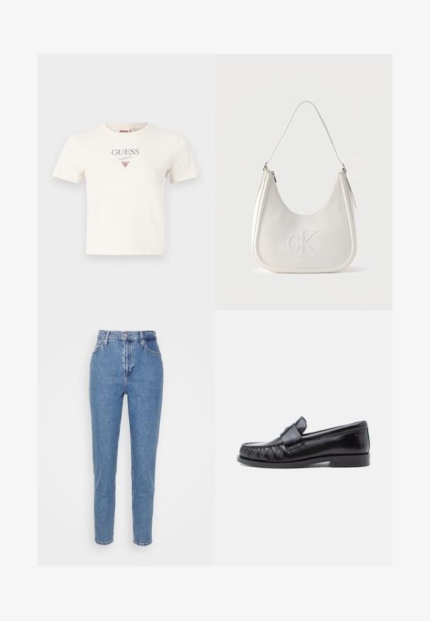 Witte katoenen t-shirt met korte mouwen, ronde halslijn, met "GUESS" in het grijs gedrukt en een rood driehoekig logo in het midden.; Blauwe high-waisted straight-leg jeans met een knoop en rits aan de voorkant, riemlussen en zakken, weergegeven op een effen witte achtergrond.; Zwarte leren loafers met een afgeronde neus, kenmerkende stiksels en een decoratieve band over de wreef. Gladde afwerking en lage hak.; Witte leren schoudertas met ritssluiting, gebogen vorm en een verhoogd CK-logo dat in het front is gedrukt.