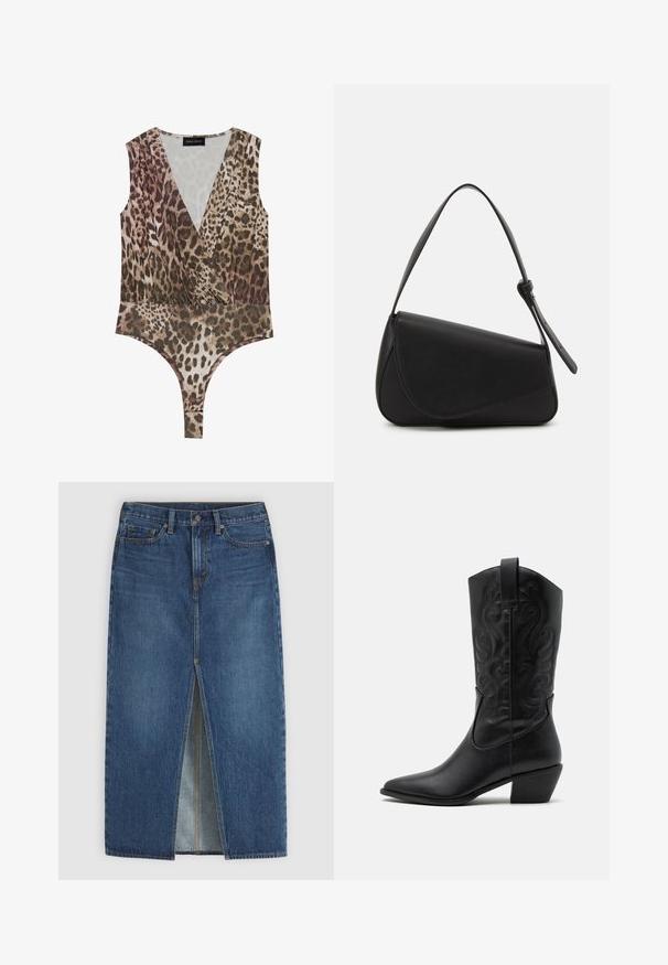 Leopardenmuster-Bodysuit mit tiefem V-Ausschnitt, ärmellosem Design, gerafftem Bund und hohem Bein in Brauntönen und Beige.; Blauer Denim-Midirock mit mittigem Frontschlitz, Gürtelschlaufen, Knopfverschluss und Fünf-Taschen-Stil.; Schwarze Leder-Cowboy-Stiefel mit spitzem Zeh, geprägten, wirbelnden Mustern und einem mittelhohen Absatz. Mit einem Zuglasche für einfaches An- und Ausziehen.; Schwarze Lederhandtasche mit dreieckiger Form, schrägem Klappdeckel und rundem Oberhandgriff. Verfügt über eine glatte Textur und minimalistische Designdetails.