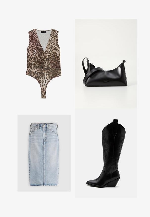 Body de estampado de leopardo con escote en V pronunciado, sin mangas, cintura fruncida y parte inferior alta en tonos marrón y beige.; Falda midi de mezclilla azul claro con corte recto, bolsillos frontales y dobladillo deshilachado. Presenta trabillas para el cinturón y un detalle de costura central en la parte delantera.; Bota de vaquero de cuero negro con punta puntiaguda, tacón bloqueado inclinado, costuras decorativas y lengüetas en la parte superior sobre fondo blanco.; Bolso de mano de cuero negro con una textura suave. Cuenta con una correa ajustable y un diseño elegante y minimalista con cierre de cremallera.