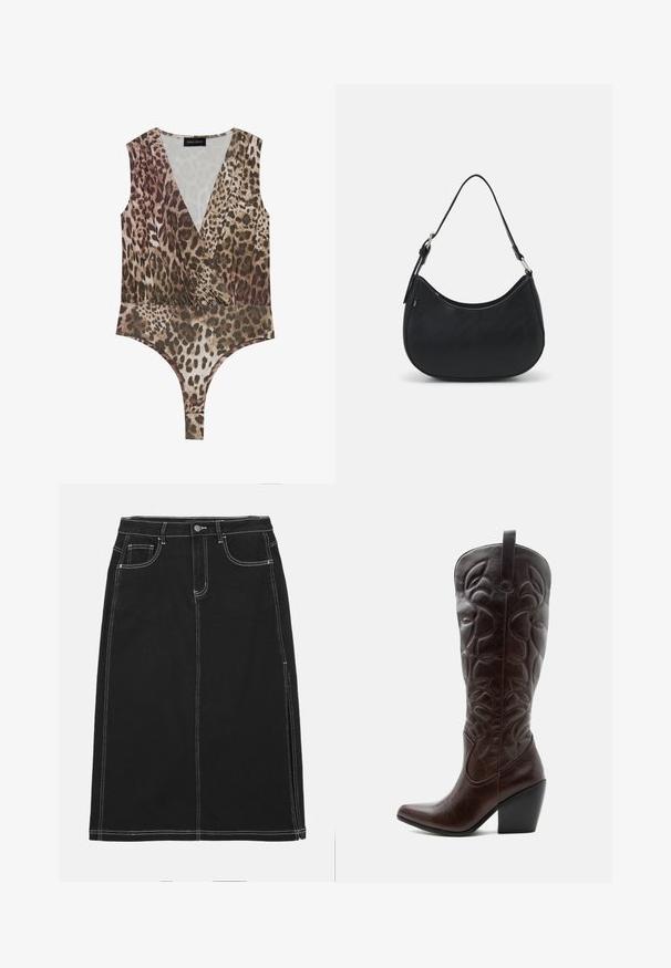 Leopardenmuster-Bodysuit mit tiefem V-Ausschnitt, ärmellosem Design, gerafftem Bund und hohem Bein in Brauntönen und Beige.; Schwarzer Denim-Rock mit geradem Schnitt, ausgestattet mit weißen Nähten, einer vorderen Knopfleiste und zwei vorderen Taschen. Glatte Textur.; Hoher dunkelbrauner Leder-Cowboystiefel mit gestickten dekorativen Mustern, spitzer Spitze und gestapeltem Blockabsatz.; Schwarze Hobo-Tasche aus glattem Leder mit einer geschwungenen Silhouette, ausgestattet mit einem einzelnen verstellbaren Trageriemen und minimalistischem Design.