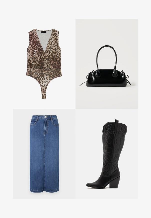 Leopardmønstret bodysuit med dyb V-hals, ærmeløst design, sammensamlet talje og højskåret bund i nuancer af brun og beige.; Mørkeblå denim maxiskørt med lige snit, talje med knaplukning og minimale syninger.; Sorte knæhøje støvler i læder med spids snude og lagdelt hæl. Har dekorative syninger og buede designelementer.; Lille sort blank håndtaske med to lange håndtag og snøre-detaljer i siden på en ensfarvet lys baggrund.