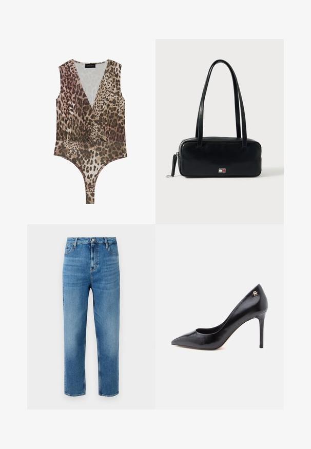 Leopardmønstret bodysuit med dyb V-hals, ærmeløst design, sammensamlet talje og højskåret bund i nuancer af brun og beige.; Lyseblå denimjeans med høj talje og lige ben. Har klassisk fem-lomme-design og subtile slidser.; Sort læderpump med høje hæle og spids tå, der har et udskåret design og en lille gulddetalje med logo på hælen.; Sort læderhåndtaske med rektangulær form, flad bund, to skulderremme og en lille logodetalje foran. Glat tekstur.
