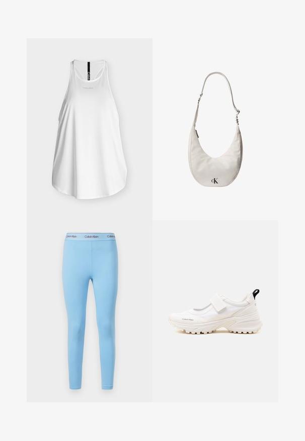 Λευκό αμάνικο αθλητικό τοπ Calvin Klein με racerback και μικρό λογότυπο στο στήθος και κάθετη ρίγα με λογότυπο στην πλάτη.; Μπλε κολάν κατασκευασμένα από λείο, ελαστικό ύφασμα με μονοχρωμία και ζώνη μέσης με το λογότυπο "Calvin Klein" σε αντίθετα χρώματα.; Λευκό αθλητικό παπούτσι Calvin Klein με χοντρή σόλα και ιμάντα Velcro, χαμηλή σχεδίαση και μαύρη θηλιά στο πίσω μέρος.; Λευκό δερμάτινο τσάντα ώμου σε σχήμα ημισελήνου με ρυθμιζόμενο ιμάντα, κλείσιμο με φερμουάρ και μαύρο λογότυπο Calvin Klein στο μπροστινό μέρος.