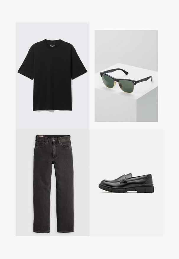 Camiseta negra de algodón de manga corta y corte holgado, con cuello redondo, mostrada sobre un fondo claro y liso.; Jeans de mezclilla negra con un diseño de pierna recta, cinco bolsillos y herrajes metálicos. La tela tiene una ligera textura y un acabado de color sólido.; Mocasin de cuero negro con una cinta ancha en el empeine, suela de goma con tacos gruesos y textura suave. Diseño clásico y elegante.; Gafas de sol Ray-Ban con lentes verdes, montura de plástico negro y acentos dorados en los bordes. Forma cuadrada con acabado mate.