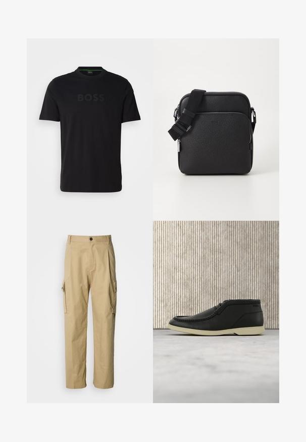 T-shirt noir à manches courtes avec un col rond et un logo "BOSS" ton sur ton à l'avant. Confectionné dans un tissu lisse et doux.; Pantalon cargo beige en tissu résistant, avec une coupe décontractée, des poches latérales et une fermeture par bouton à la taille.; Chaussure en cuir noir à surface texturée, semelle en caoutchouc beige, bout pointu et lacets fins, suspendue au-dessus d'un tapis beige doux.; Sac bandoulière en cuir noir avec une surface texturée, doté d'une poche zippée à l'avant, d'une bandoulière ajustable et d'accents en métal.