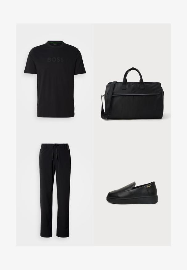 T-shirt noir à manches courtes avec un col rond et un logo "BOSS" ton sur ton à l'avant. Confectionné dans un tissu lisse et doux.; Pantalon noir et léger avec une coupe droite. Doté d'une taille à cordon de serrage et d'une texture lisse. Convient pour une tenue décontractée.; Chaussure noire en cuir à enfiler avec semelle épaisse et petits trous de ventilation latéraux, avec un logo doré "HUGO" près du talon.; Sac de voyage rectangulaire noir avec doubles poignées, bandoulière réglable, poche zippée à l'avant et petit logo "BOSS" à l'avant.
