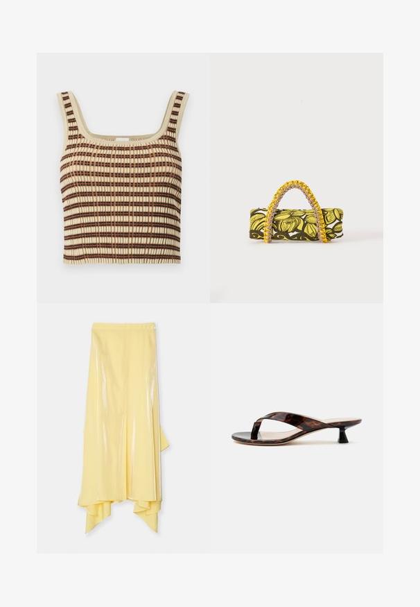 Ribbet, cropped tank top i creme med brune og orange lodrette striber. Har en firkantet udskæring og brede stropper for støtte.; Gul midi nederdel med høj-lav kant, lavet af skinnende, glat stof. Har en tætsiddende talje og en svævende silhuet.; Brun skildpaddeskal kitten heel sandal med snorrestram og firkantet tå på en ensfarvet lys baggrund.; Rektangulær taske med gult og sort blomsterprint og flettet gul og pink hank på hvid baggrund.