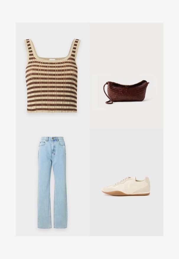 Ribbet, cropped tank top i creme med brune og orange lodrette striber. Har en firkantet udskæring og brede stropper for støtte.; Lyseblå denimjeans med en lige benlængde, der har en lynlås i åbningen, fem lommer og subtile slidte detaljer.; Lyse beige sneakers med en tekstureret læderoverdel, teksturerede sider og en gummisål. Har et slankt, strømlinet design og flade snørebånd.; Brun flettet lædertaske med en enkelt rem og buet top mod en ensfarvet hvid baggrund.
