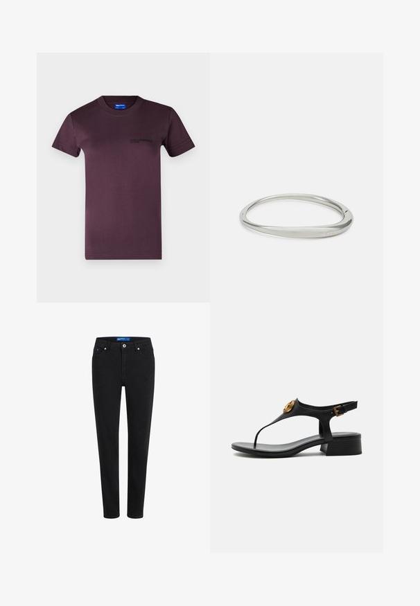 Tumman violetin puuvillainen t-paita lyhyillä hihoilla, pyöreällä kaula-aukolla ja mustalla painatuksella vasemmassa rintakehässä. Sileä tekstuuri.; Mustat farkut, joissa on slim fit -leikkaus, viisi taskua, vetoketju ja metallinappikiinnitys. Ominaisuuksiin kuuluu hillityt saumat ja keskikorkea vyötärö.; Musta nahkainen matalakorkoinen varvassandaali, jossa kultainen pyöreä merkki ja säädettävä nilkkahihnan solki valkoisella taustalla.; Hopeakengsilmä, jolla on sileä, pyöristetty muotoilu. Ominaisuutena kapea profiili ja hienovarainen kaiverrus brändistä "Calvin Klein" sisäpuolella.