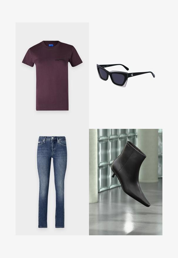 Camiseta de algodón morado oscuro con mangas cortas, cuello redondo y un logotipo impreso en negro en el lado izquierdo del pecho. Textura suave.; Jeans ajustados en denim de lavado oscuro, con una cintura de altura media, cinco bolsillos, costuras visibles y cierre de botón en la cintura.; Bota de cuero negro para el tobillo con puntera puntiaguda y tacón pequeño, exhibida frente a una pared de bloques de vidrio y un suelo pulido.; Gafas de sol negras de gran tamaño con una forma geométrica, que presentan lentes oscuros y un detalle gris contrastante en la montura. Logo en la pata.
