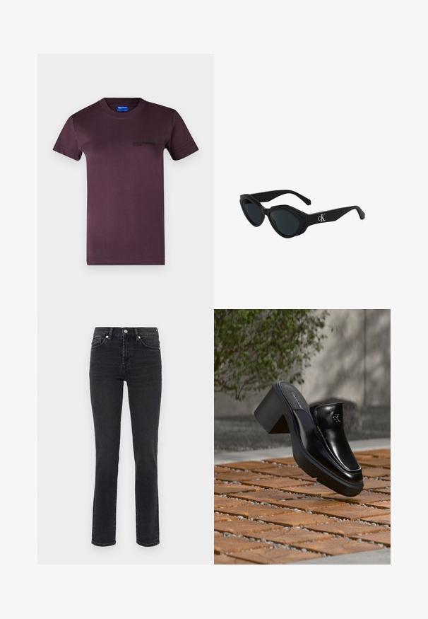 Camiseta de algodón morado oscuro con mangas cortas, cuello redondo y un logotipo impreso en negro en el lado izquierdo del pecho. Textura suave.; Jeans de denim negros ajustados con una cintura de altura media, diseño clásico de cinco bolsillos y un ligero desgaste a lo largo de las piernas.; Mule tipo slip-on de cuero negro de Calvin Klein con tacón de bloque descansando sobre baldosas de madera al aire libre cerca de una planta verde y una pared gris.; Gafas de sol negras con forma de ojo de gato, acabado brillante, lentes oscuros y un logo "cK" en la patilla. Diseño angular y montura gruesa.