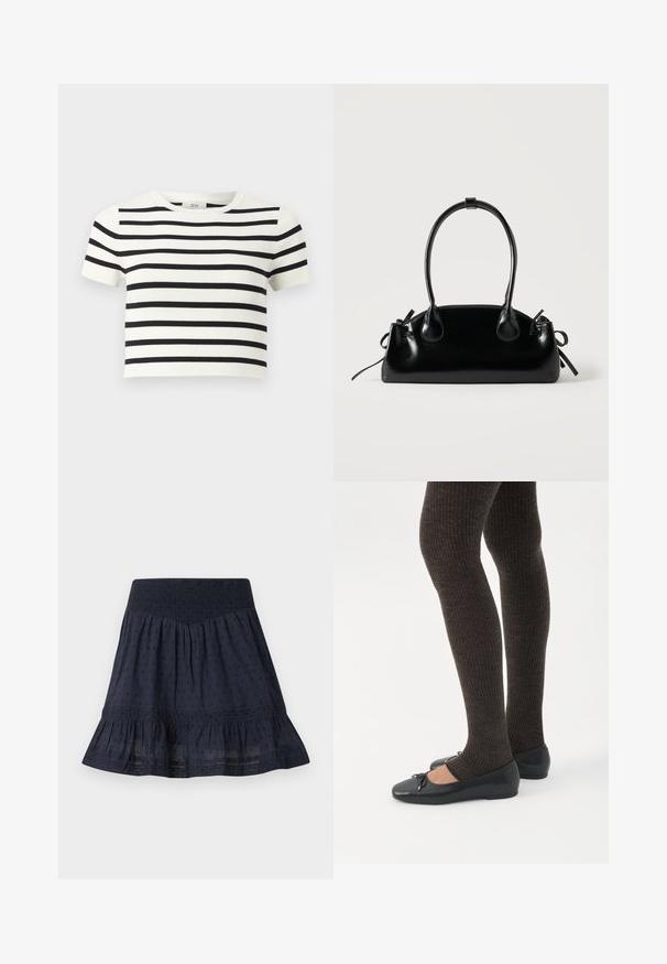 Witte cropped top met korte mouwen, horizontale zwarte strepen en een ronde hals.; Marineblauwe knielange rok met elastische geplooide tailleband, subtiel gestippeld patroon en gerimpelde zoom.; Benen met donkere geribbelde leggings gecombineerd met zwarte ballerina's met kleine strikdetails op een witte achtergrond.; Kleine zwarte glanzende handtas met twee lange hengsels en zijkant trekkoord details op een effen lichte achtergrond.