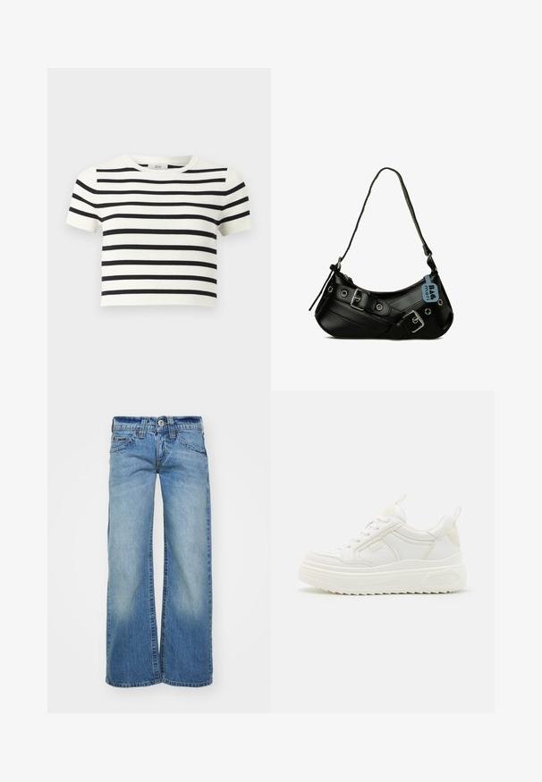 Weißes kurzärmeliges bauchfreies Top mit horizontalen schwarzen Streifen und rundem Ausschnitt.; Hellblaue weit geschnittene Jeans aus Denim-Stoff mit einer ausgewaschenen Optik, fünf Taschen und einem Knopfverschluss mit Gürtelschlaufen.; Weiße Leder-Sneaker mit einer klobigen Sohle, Schnürdesign und dezentem Branding. Sie verfügen über eine glatte Textur und eine abgerundete Zehenpartie.; Schwarze synthetische Handtasche mit geschwungener Form, verstellbarem Riemen und dekorativen Metall-Schnallen. Besitzt eine glatte, glänzende Textur.