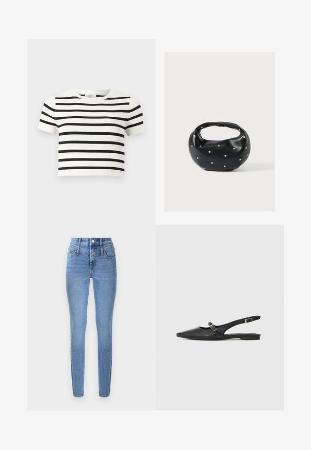 Witte cropped top met korte mouwen, horizontale zwarte strepen en een ronde hals.; Skinny jeans van lichtblauwe denim met een hoge taille, twee voorzakken en een ritssluiting. Kenmerkt zich door een gladde textuur en subtiele vervaging.; Zwarte leren slingback schoenen met een spitse neus, voorzien van een smalle band en een zilveren gesp aan de zijkant. Platte zool.; Zwarte leren handtas met een afgeronde vorm, versierd met zilveren studs, en een korte handgreep. Gladde textuur en ritsluiting.