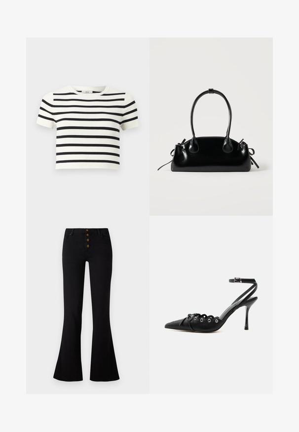 Hvid kortærmet cropped top med vandrette sorte striber og rund halsudskæring.; Sorte flared jeans med høj talje og femknapslukning. Fremstillet af denim med en glat tekstur og let stræk for komfort.; Sort spids hæl med bølgede kanter, metaløjer, snørelukning foran og ankelrem med spænde.; Lille sort blank håndtaske med to lange håndtag og snøre-detaljer i siden på en ensfarvet lys baggrund.