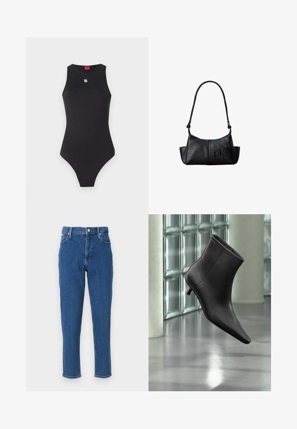 Body noir avec un design sans manches, fabriqué en matériau lisse. Présente un petit logo blanc sur la poitrine et une ouverture de jambe haute.; Jean en denim bleu avec taille haute, fermeture éclair, cinq poches, jambes droites, et une texture légèrement décolorée, avec un ourlet net.; Bottine en cuir noir avec bout pointu et petit talon, présentée devant un mur en blocs de verre et un sol poli.; Sac à bandoulière en cuir noir avec une longue sangle, des poches latérales et le logo Calvin Klein embossé sur le devant.