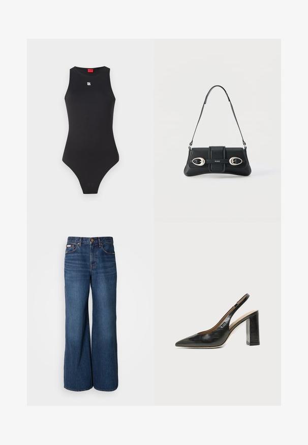 Body noir avec un design sans manches, fabriqué en matériau lisse. Présente un petit logo blanc sur la poitrine et une ouverture de jambe haute.; Jean large en denim bleu foncé. Les caractéristiques incluent une taille haute, cinq poches et des coutures contrastantes orange le long des coutures.; Chaussure slingback en cuir noir à bout pointu avec un talon bloc haut et une doublure intérieure beige sur un fond clair uni.; Sac bandoulière en cuir noir avec deux boucles en argent et une bandoulière ajustable, arborant le logo "HUGO" au centre devant.