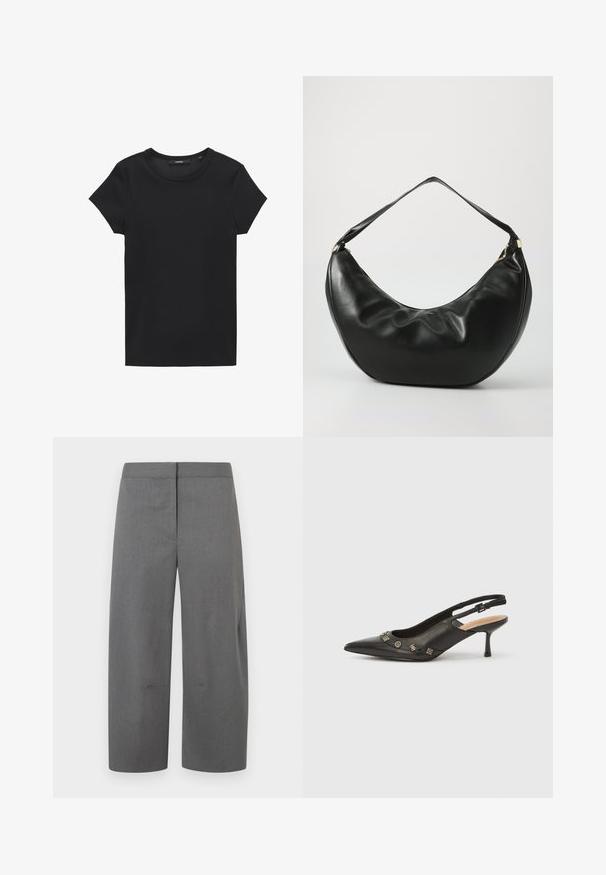 Schwarzes T-Shirt mit kurzen Ärmeln aus Rippstoff. Verfügt über einen runden Halsausschnitt und einen einfachen, geraden Schnitt. Minimalistisches Design ohne Verzierungen.; Graue, maßgeschneiderte Hose mit geradem, weitem Bein. Glatte Textur, minimale Nähte und keine sichtbaren Taschen oder Verzierungen.; Schwarzer Leder-Pumps mit Slingback, spitzer Spitze, kleinem Absatz und dekorativen metallischen Akzenten entlang der vorderen Öffnung. Glatte Textur.; Schwarze Leder-Schultertasche mit geschwungener Form, weicher Textur und einem einzelnen Riemen; verfügt über einen goldenen Reißverschluss und dezente Markenkennzeichnung.