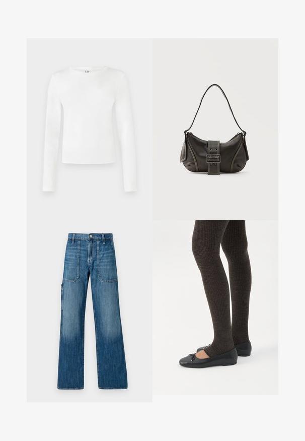 Chemise à manches longues et col rond en tissu blanc uni. Présente une silhouette ajustée avec une texture lisse et un logo de la marque discret au niveau du col.; Jeans en denim à jambe large en bleu moyen. Dispose d'une taille haute, de poches avant et d'une coupe droite. Présente une texture décolorée et des coutures minimales.; Jambes portant des leggings côtelés foncés associés à des ballerines noires avec de petits détails en nœud sur fond blanc.; Sac à épaule en cuir noir avec une sangle à boucle, des bords arrondis et des coutures blanches contrastées sur un fond uni.