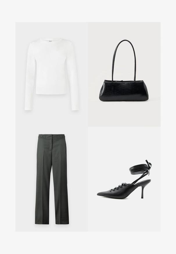 Chemise à manches longues et col rond en tissu blanc uni. Présente une silhouette ajustée avec une texture lisse et un logo de la marque discret au niveau du col.; Pantalon droit gris foncé avec plis à l’avant et taille ajustable avec boutons latéraux sur fond blanc.; Chaussure à talon haut noire à bout pointu avec laçage à l'avant et brides enroulées autour de la cheville nouées en nœud, vue de côté sur fond blanc.; Sac à épaule rectangulaire noir avec de longues bretelles fines et une texture lisse et brillante sur un fond uni.