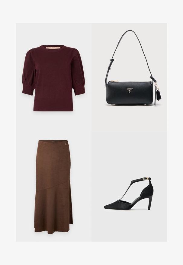 Bordeaux strikket sweater med puffede ærmer i mellemlængde samt ribkanter ved ærmerne og forneden, designet til kvinder.; Brun ruskinds-midi-nederdel med en let A-form, med et sideslids og en lille guldfarvet G-detalje ved taljen. Glat tekstur.; Sort højhælet pumpe med spids tå, tynd ankelrem med guldfarvet hardware og en blød tekstureret finish.; Sort, rektangulær Guess-håndtaske med justerbar skulderrem, guldfarvet lynlås og trekantet logo midt på fronten.