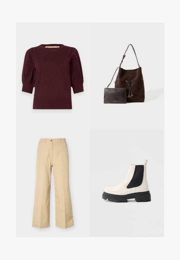 Bordeaux strikket sweater med puffede ærmer i mellemlængde samt ribkanter ved ærmerne og forneden, designet til kvinder.; Beige bukser med vide ben, der har knap- og lynlås-lukning, bæltestropper og et rent forstykke, vist mod en hvid baggrund.; Creme læder Chelsea støvle med kraftig sort sål og elastisk sort sidepanel mod en simpel hvid baggrund.; Mørkebrun ruskind bucket taske med justerbar skulderrem og matchende mørk læder lynlåspose på en lys baggrund.