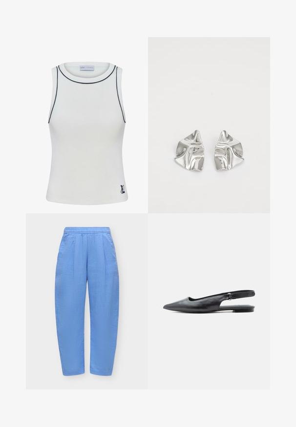 Witte geribde tanktop met een hoge halslijn en marineblauwe accenten langs de randen. Bevat een klein logo op de onderste rechterzijde. Rekbare stof.; Lichtblauwe losse broek met elastische tailleband en zijzakken, gemaakt van gestructureerde lichte stof.; Zwart leren platte schoen met spitse neus, slingback en lage hak met verstelbare riem op lichte achtergrond.; Zilveren metalen oorbellen met een golvend, sculpturaal ontwerp, voorzien van een gepolijste afwerking en onregelmatige vormen, die een hedendaagse esthetiek benadrukken.