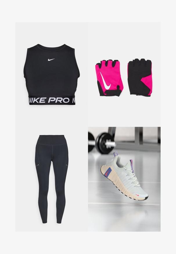 Černá sportovní podprsenka s vysokým výstřihem a širokým pásem s nápisem "NIKE PRO" v bílé barvě. Vyrobena z hladkého a elastického materiálu. Logo Nike na hrudi.; Černé legíny s vysokým pasem, vyrobené z elastického materiálu, s jemnými švy a malými výřezy na horní části stehna.; Teniska s vrchním dílem z jemné šedé síťoviny, polstrovaným límcem a texturovanou krémovou podrážkou. Obsahuje růžové a modré akcenty a černou gumovou podrážku.; Krátké růžové rukavice s černými akcenty, obsahující bílé logo Nike, polstrované dlaně a bezprstý design pro zvýšenou přilnavost a flexibilitu.