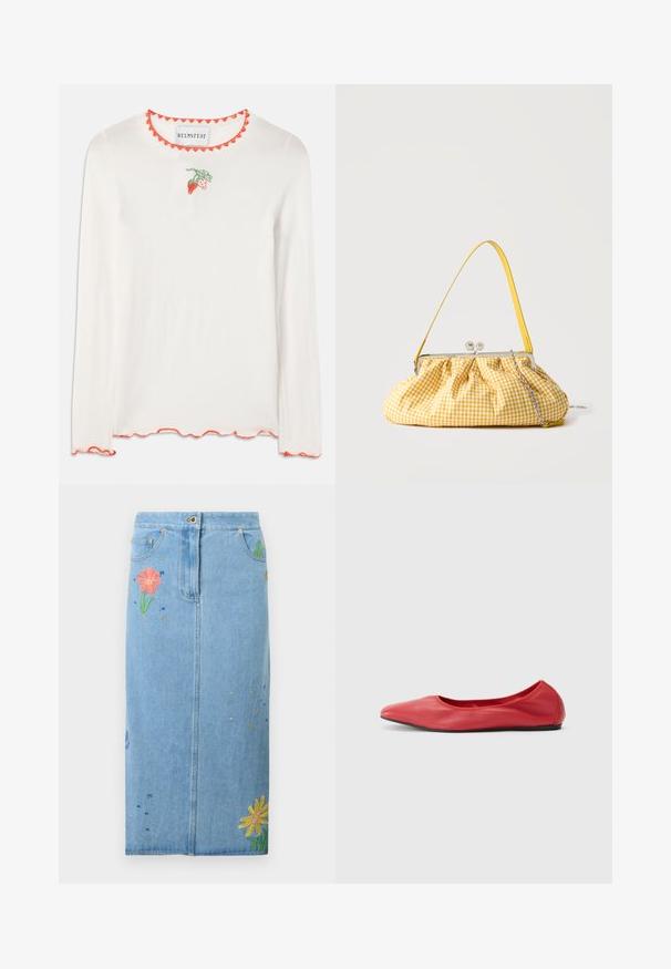 Camisa blanca de manga larga con un escote rojo con forma de ondas. Presenta un pequeño bordado de una fresa verde y roja en el frontal.; Falda midi de mezclilla azul claro con bolsillos frontales, cierre de botones y flores bordadas coloridas en los lados y la parte inferior.; Filippa K REY FLATS - Bailarinas - bright red; Bolso de tela de cuadros vichy amarillo y blanco con cierre metálico, asa amarilla y detalle de cadena plateada sobre un fondo liso.