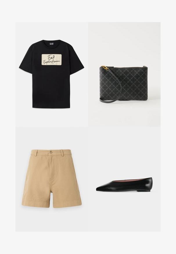 Camiseta negra de algodón con un logo rectangular de la marca en color crema con texto de estilo manuscrito. Mangas cortas y un corte estándar.; Pantalones cortos beige de algodón, con un diseño clásico que incluye un cierre frontal de botón y presillas para cinturón. Textura suave con bolsillos laterales.; Zapato plano negro de cuero para mujer con punta puntiaguda y tacón bajo, mostrado de lado sobre un fondo liso gris claro.; Bolso de mano tipo pulsera negro con patrón de diamantes gris, cremallera dorada y correa desmontable sobre fondo claro liso.