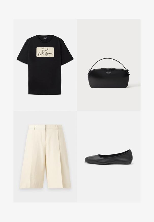 Sort bomulds t-shirt med et rektangulært brandlogo i en cremelignende farve med håndskrevet stil. Korte ærmer og standard pasform.; Beige bredde shorts med en skræddersyet design, der har plisseringer, lynlås og bæltesløjfer. Glat stof med en ren finish.; Sort læderballetsko med rund tå, glat tekstur, minimal syning og et fleksibelt såldesign.; Sort læderhåndledstaske med sølv lynlås og kort hank, prægede Emporio Armani Milano 1981-logo foran.