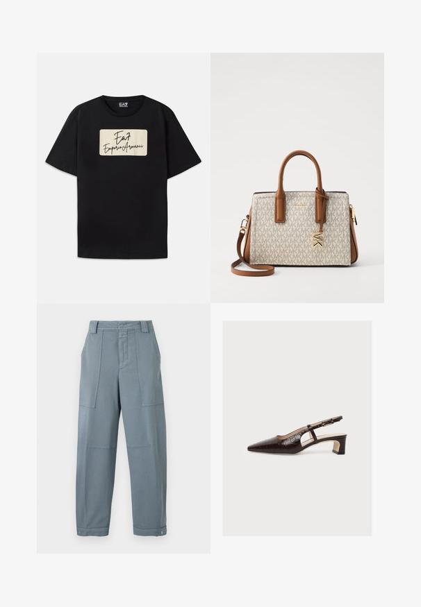 Camiseta negra de algodón con un logo rectangular de la marca en color crema con texto de estilo manuscrito. Mangas cortas y un corte estándar.; Pantalones de pierna recta en azul grisáceo con bolsillos delanteros parche, trabillas para cinturón, cintura con botones y puños ajustables con broches en los tobillos.; Zapato slingback marrón de punta afilada con tacón bajo y ancho, estampado de cocodrilo, corte lateral y correa ajustable con hebilla, mostrado sobre fondo blanco.; Bolso de mano beige con patrón de monograma, acentos de cuero marrón, dobles asas superiores, correa de hombro ajustable y herrajes en tono dorado.