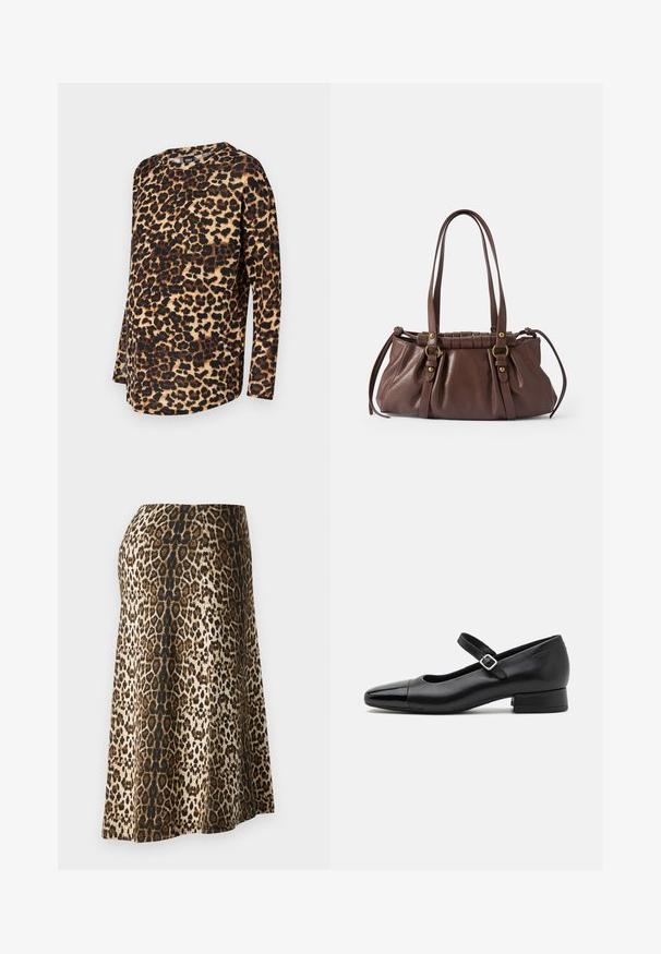 Leopardprint lange mouwen top, met een comfortabele pasvorm, ronde halslijn en zachte stof met bruine en zwarte vlekken op een lichte achtergrond.; Luipaardprint rok met een zachte, gladde textuur; kleuren zijn beige, zwart en bruin; enkel lengte met een strakke taille.; Zwarte leren Mary Jane schoenen met een gepatenteerde neus, verstelbare enkelband en lage blokhak. Een gladde textuur en een elegante uitstraling.; Bruine leren handtas met twee lange handvatten,Gathered ontwerp, gouden hardware accenten en een gestructureerde afwerking.