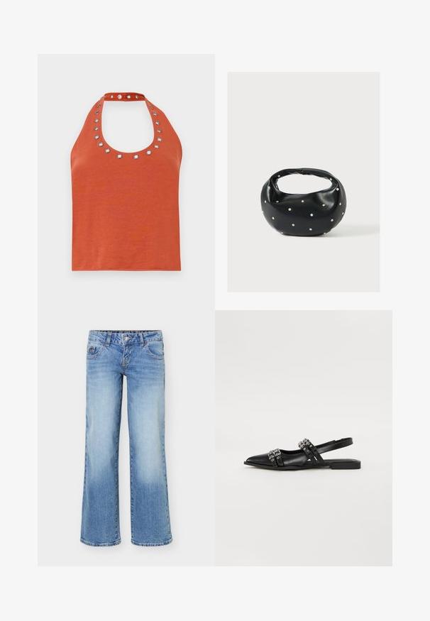 Haut halter de couleur rouille avec un col rond, comportant des œillets en métal argenté autour du col. Texture douce et design ajusté.; Jean en denim bleu clair avec une jambe légèrement évasée, style cinq poches, et une fermeture avant à boutons et zip.; Even&Odd by Zalando Ballerines à brides arrière - black; Sac à main en cuir noir de forme arrondie, décoré de clous argentés et équipé d'une poignée courte. Texture lisse et fermeture éclair.