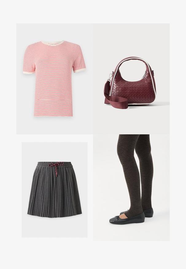 T-shirt rayé rouge et blanc, à manches courtes, col rond, en mélange de coton, léger, avec des bords en côtes contrastants.; Jupe plissée gris foncé avec une taille élastique et un cordon bordeaux noué au centre devant.; Jambes portant des leggings côtelés foncés associés à des ballerines noires avec de petits détails en nœud sur fond blanc.; Sac à main en cuir tressé marron foncé avec poignée courbée, garniture blanche, fermeture éclair argentée et bandoulière large en tissu amovible sur fond uni.