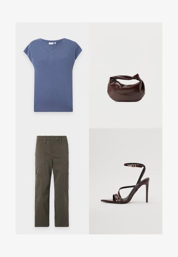 Blå t-shirt med korte ærmer og V-udskæring, løs pasform og synligt mærke "VILA" på indersiden af halsen.; Good American CROPPED PANTS - Cargobukser - fatigue; Bordeaux laker læder højhælede sandal med ankelrem, spids tå og tre vandrette remme over foden. Detalje med spænde i guldtonet.; Mørkebrun læder skuldertaske med en blød, afslappet form og et snoet knudehåndtag på en ensartet hvid baggrund.